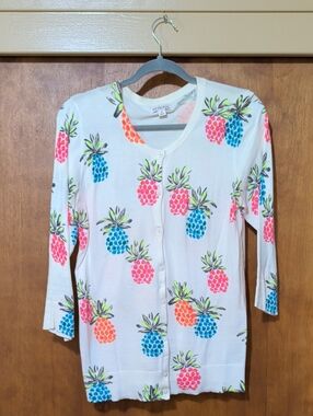 Merona White Cardigan with Pink, Blue, Orange Pineapple Print